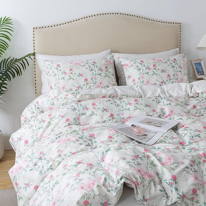 HoneiLife Duvet Dover Queen Size - 100% Cotton Comforter Cover, Breathable Bedlinen for Set for Queen Beds, 3-PC Wildflower Comforter Cover Sets, Fuchsia