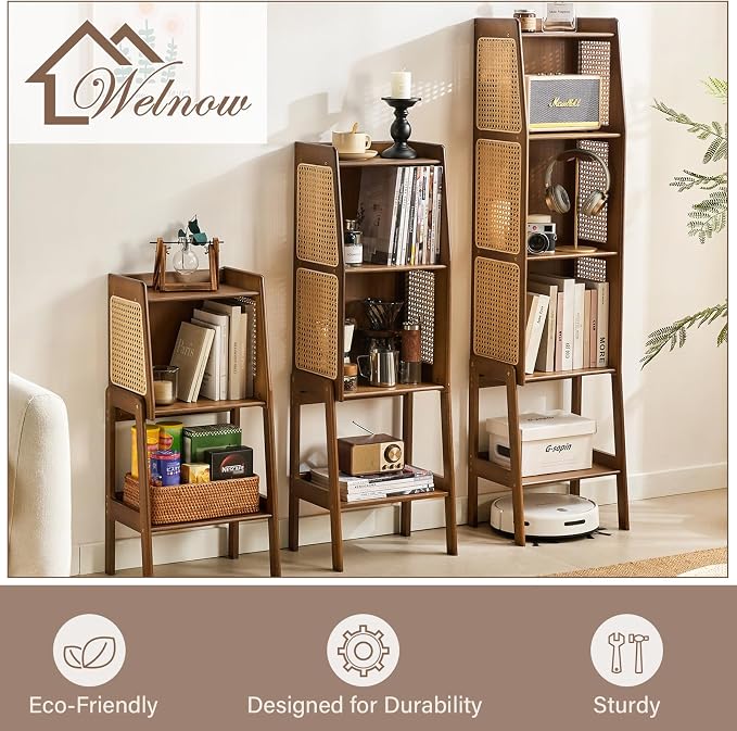 Welnow Bamboo Rattan Bookcase with Cabinet, 3-Tier Storage Shelf with Side Table & End Table Function, Large Modern Wood Organizer for Living Room or Bedroom, Walnut Bookshelf
