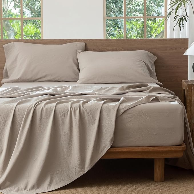 MooMee Bedding Sheet Set 100% Washed Cotton Linen Like Textured Breathable Durable Soft Comfy (Heathered Cream Grey, King)