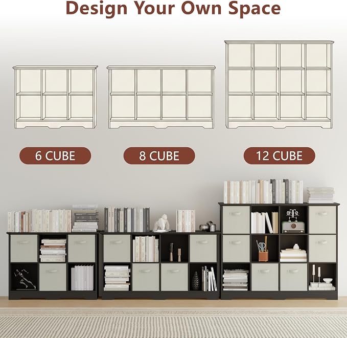 VORONOI 8 Cube Storage Organizer with 4 Fabric Drawers and Removable Shelves — Modular Cube Bookshelf for Bedroom, Living Room, or Home Office, Short Cube Bookcase for Toys, Decor,Black