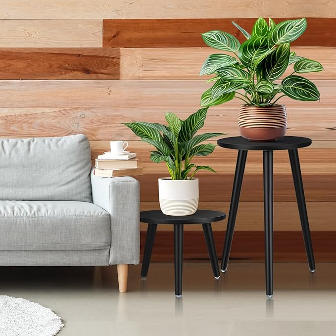 Briwooody 2 Pcs Indoor Plant Stand Mid Century Vintage Wood Modern Flower Pots Holder Round Side Table End Table Plant Stools for Living Room Corner Balcony Decor(Black)