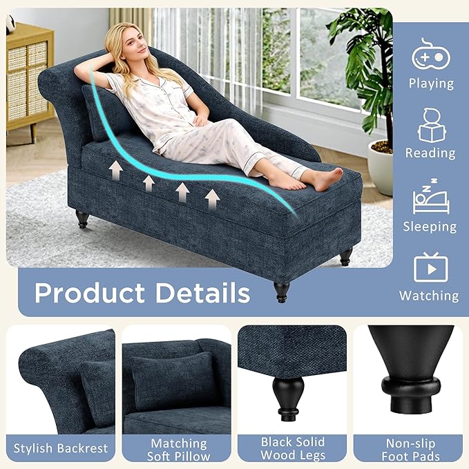 Storage Chaise Lounge Indoor, Upholstered Chaise Lounge Chair with Storage for Bedroom Living Room Office Blue Chenille Fabric (Left Armrest)