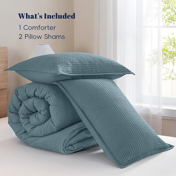 PHF Soft Waffle Comforter Set King Size- Comfy Breathable Waffle Weave Comforter with 2 Pillow Shams, 3 Pieces Less Snagging Lightweight Textured Bedding Set for All Season, Stormy Blue