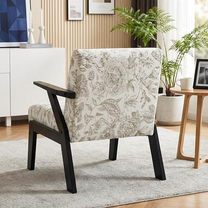 Floral Accent Chair, Mid Century Modern Chairs, Upholstered Armchair with Solid Rubber Wood Living Chair, Ergonomic Chair for Living Room, Bedroom, Reading Room