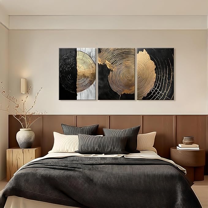 3Pcs Framed Minimalist Abstract Black Golden Canvas Wall Art Vintage Tree Ring Wall Decor Pictures Modern Rustic Posters Prints for Living Room Office Hallway Home Decoration 16x24in Ready to Hang