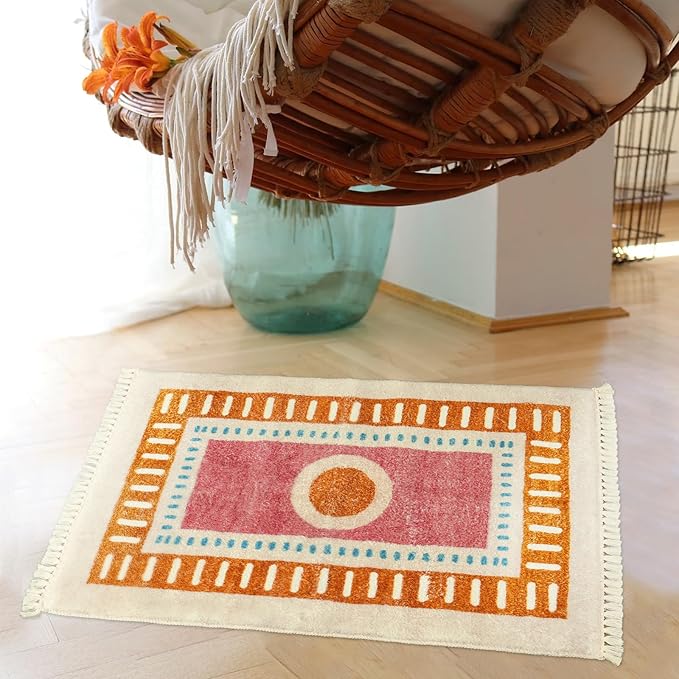 Lukinbox Boho Bathroom Rugs with Fringes, 2x3 Small Washable Sun Area Rug for Bedroom, Ultra Soft Non-Slip Orange Rainbow Throw Rug for Kids Room Entryway Kitchen Door Mat