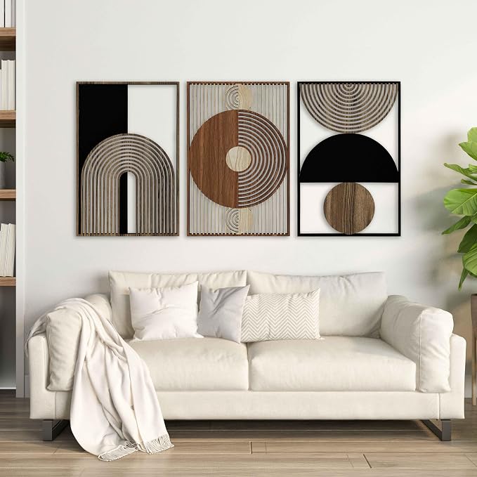 Geometric Mid Century Wood Wall Art Set, Scandinavian Boho Wooden Wall Decor, Modern Abstract Triptych Panels, Large Housewarming Gift for Living Room and Bedroom