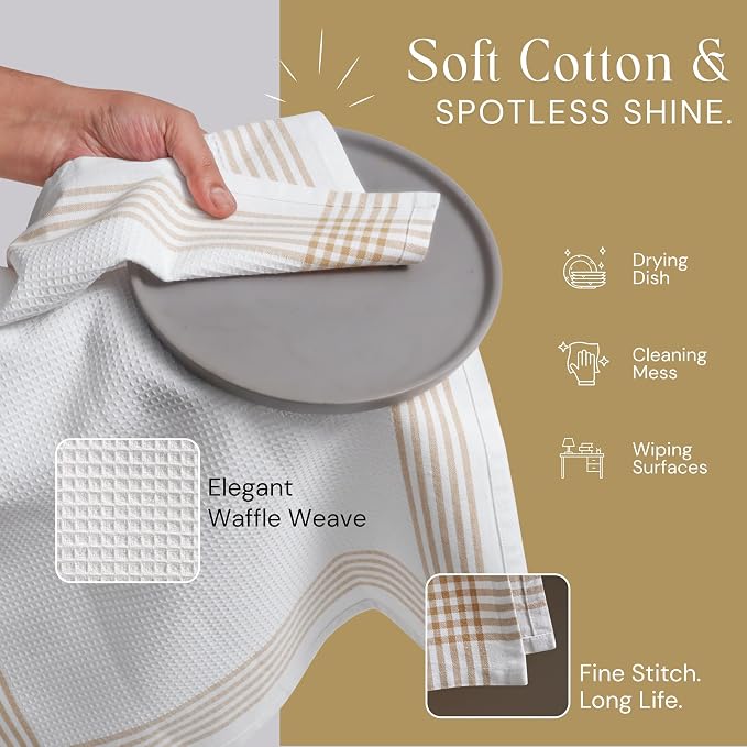 Waffle White & Beige Kitchen Dish Towels 12 Pack, 100% Cotton, 16x26 inches, Durable Dish Cloths Set, Quick Dry Kitchen Rags, Everyday Use Cooking and Cleaning Hand Towels, Bar Towel