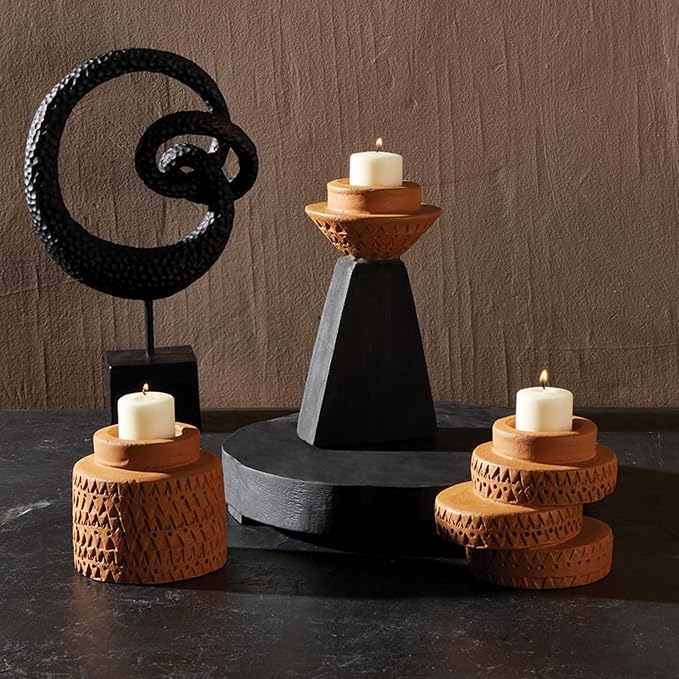 47th & Main Votive Candleholder Large Boho Terra Cotta Candle Holder, 3.5" Tall, Tall Disk