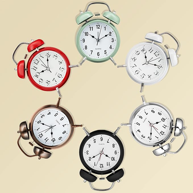 Bernhard Products Analog Alarm Clock Twin Bell Retro Copper Metal 4" Extra Loud Quartz Battery Operated with Backlight for Bedside Table Vintage Silent Non-Ticking Old fashioned Decorative Desk Clocks