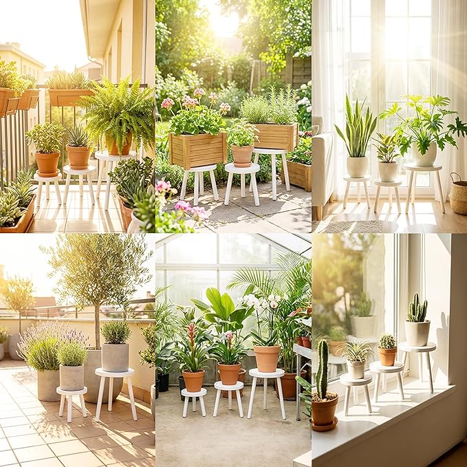 3-Pack Wood Plant Stands Indoor, Single Plant Stand for 6-12 Inch Pots, Mid-Century Modern Plant Stool, Tall Plant Stand for Large Plants for Living Room, Balcony, Office (White)