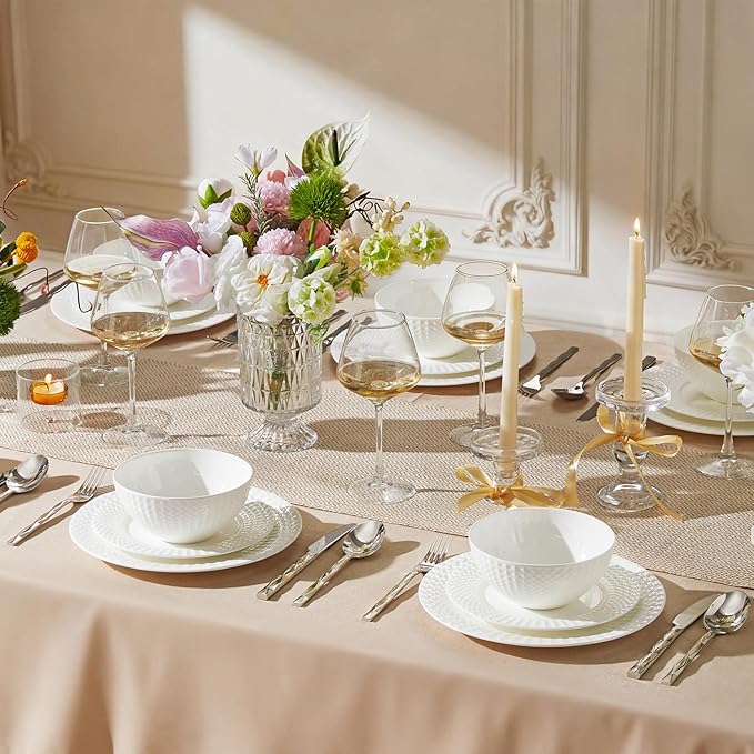 KINGSTONE Bone China Dinnerware Set, 12-Piece White Lightweight Porcelain for 4, Plates and Bowls with Rhombus patterned edge design, Microwave and Dishwasher Safe, for Family, Restaurant, Gifting