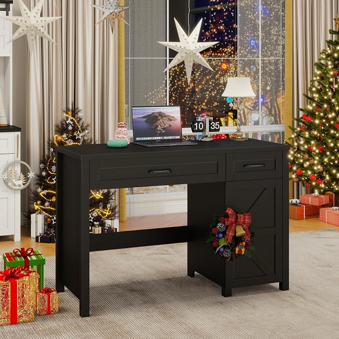 Vabches Farmhouse 47" Executive Desk, Computer Desk with Drawers and Storage Cabinet, Workstation for Home Office and Study.(Pure Black)