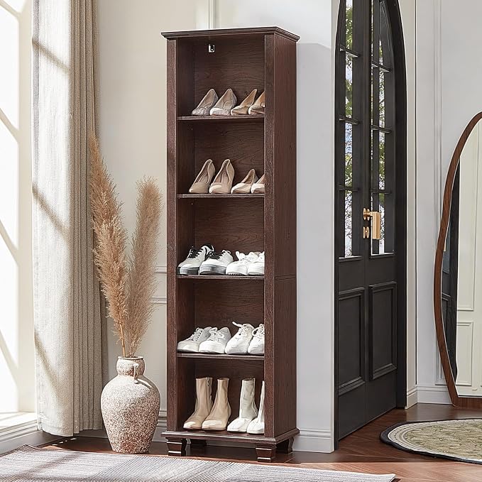 SAVOR LIFE Narrow Walnut Book Shelf, 70" Tall Skinny Bookshelf with Adjustable Shelves & Wooden Legs, Farmhouse Wood Bookcase w/5-Tier Open Storage, Free Standing Book Case for Office, Living Room