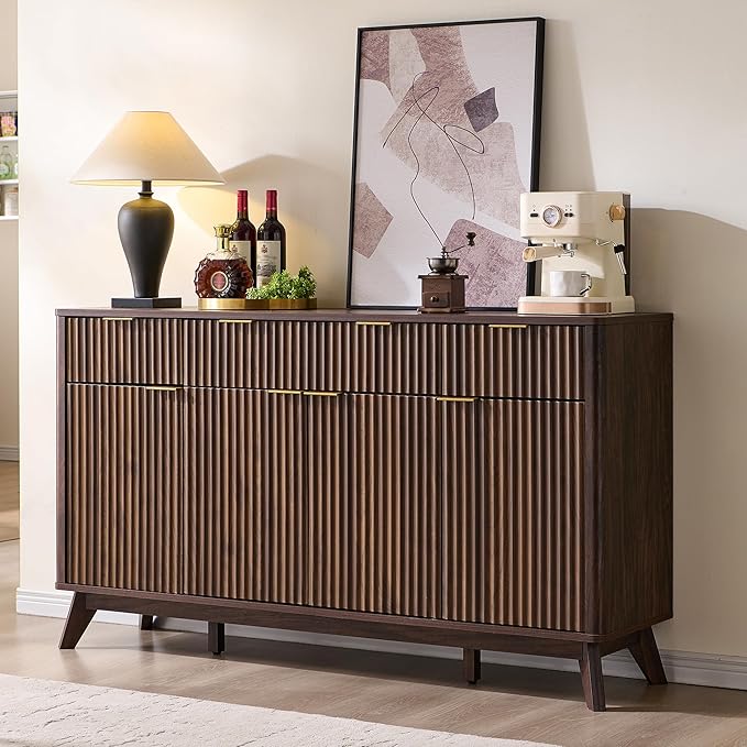 T4TREAM Fluted Buffet Sideboard Cabinet with Storages, 60" Large Modern Buffet Table Coffee Bar Wine Bar Storage Cabinet with 3 Drawers & 4 Doors for Dining Room, Living Room, Hallway(Dark Walnut)
