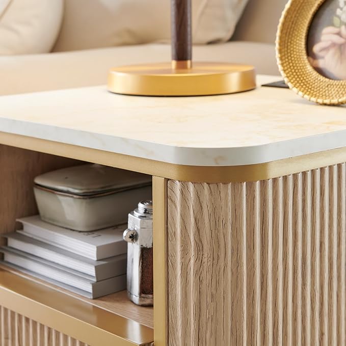 OKD Modern Chic Fluted Nightstand Set of 2 Luxury with Charging Station, End Table/Bed Side Table w/2 Drawers, Faux Marble Tabletop, Gold Metal Decor, Curved Edge Design, Natural Oak