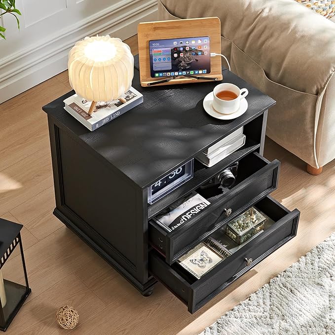 24" Wide Farmhouse Nightstand Set of 2 with Charging Station,End Table with 2 Drawers,Black Wood Dresser for Bedroom Cabinet, Bed Side Table Chest of Drawers, Night Stand for Living Room