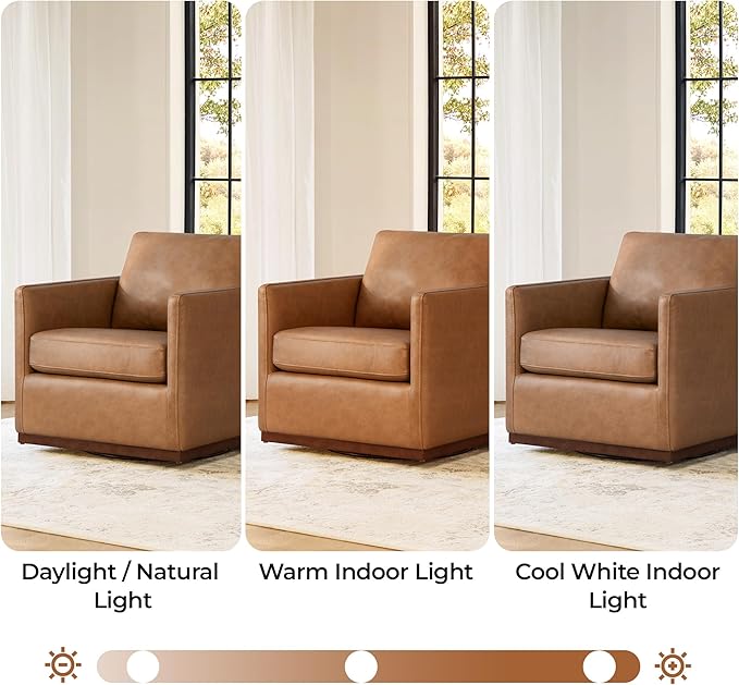 CHITA Genuine Leather Swivel Accent Chair, FSC Certified Mid Century Modern Arm Chair for Living Room and Bedroom, Fully Assembled, Saddle