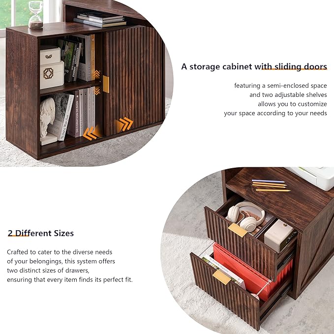 JXQTLINGMU 67" Modern L Shaped Desk with Storage Cabinet & Drawers, Wood Home Office Desk with Power Outlets, Fluted Computer Writing Desk, Dark Walnut