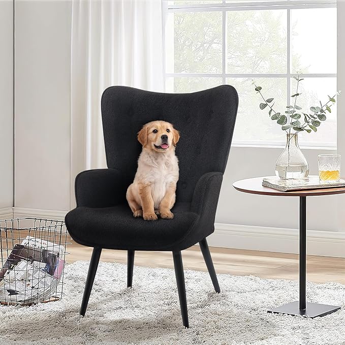 Furnimart Faux Fur Black Accent Chair Wing Back Modern Living Room Chairs, Comfy Armchair Leisure Vanity Guest Chair for Office Vanity Bedroom Waiting Room Black Faux Fur