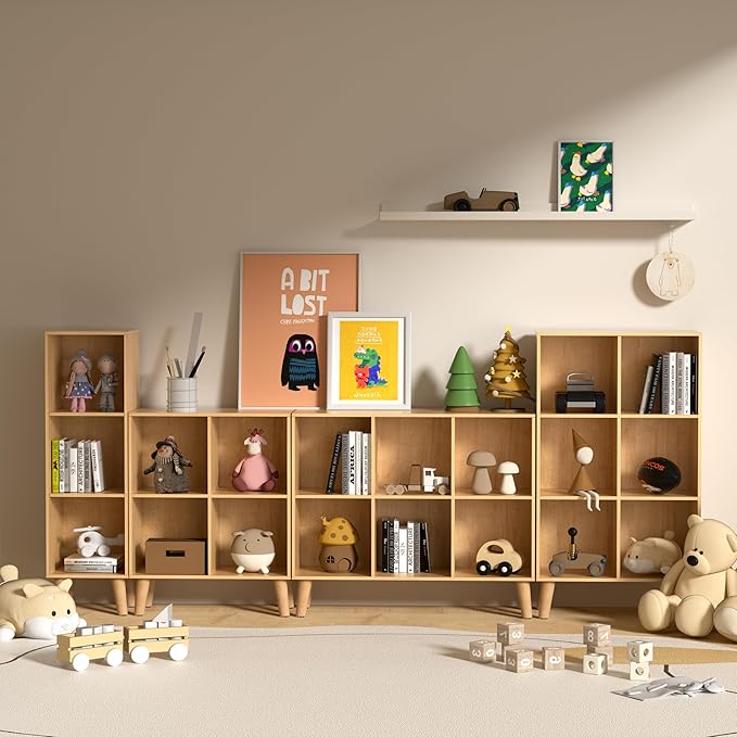 4 Cube Storage Organizer with Legs, 2 Tier Cube Low Bookcase Freestanding Storage Display Organizer for Home Office, Four-Cubes Open Shelf Short Bookshelf (Natural Oak, 4 Cube)