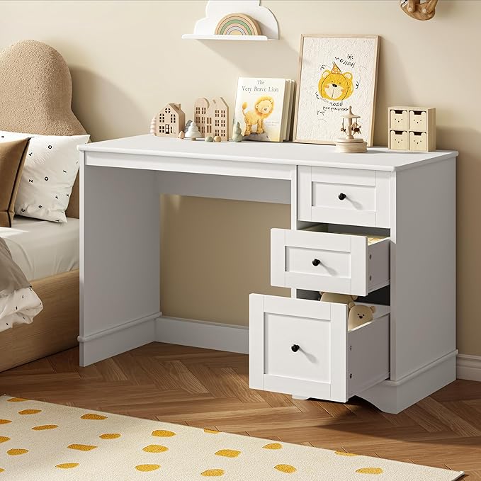 48”White Computer Desk with 3 Drawers, Modern Office Desk with Storage, Small Writing Desk for Bedroom, Living Room, Office