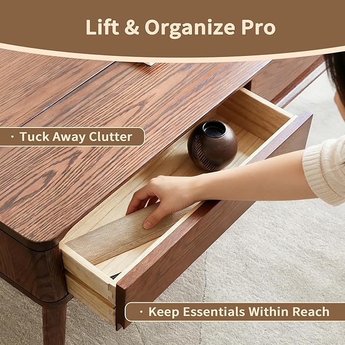 Solid Wood Coffee Table with Drawers, Natural Wooden Center Table for Living Room, Easy-to-Assemble Low Desk, 39.4" W × 20.5" D × 17.72" H for Home Office (39.37" Solid Wood Coffee Table)