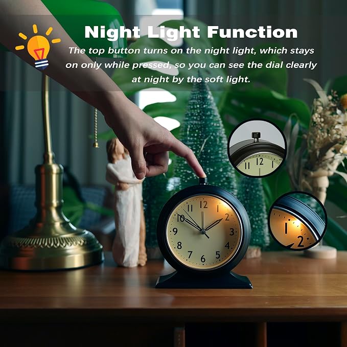 AYRELY® 4-inch Battery Operated Alarm Clock Silent Analog Desk Clocks with Light Vintage Metal Table Clock for Living Room Shelf Bedside Home Decor (Black)