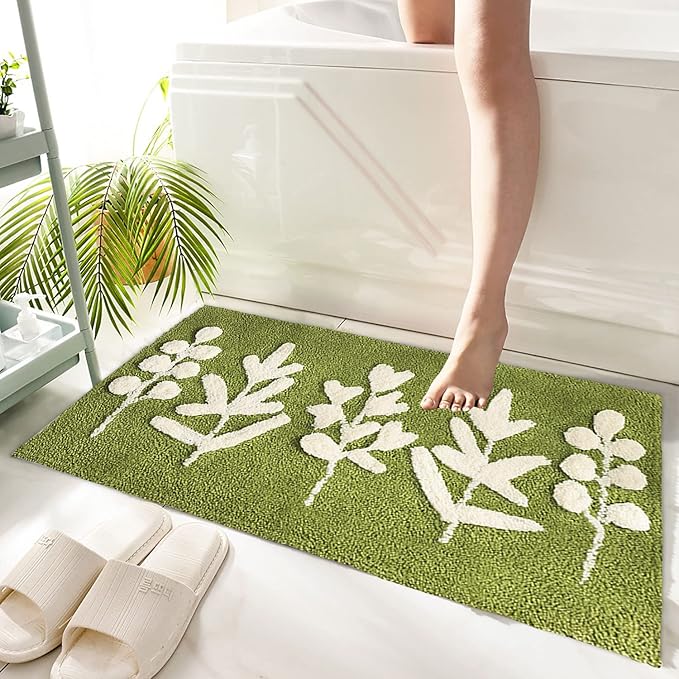 Hi Space Bathroom Rugs 31.5x19.7IN Green Leaves Bath Mat for Bathroom Non Slip Machine Washable Soft Microfiber Absorbent Cute Bath Rug Plush for Tub Shower Sink Fluffy Home Decor Accessories