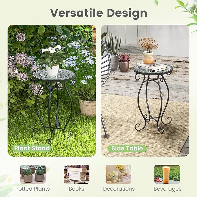 Giantex Outdoor Side Table, Mosaic Patio Table, 12 inch Accent Table Plant Stand Indoor, Ceramic Tile Top Metal Frame, Small End Table Porch Beach Patio Garden Balcony Poolside (Wave)