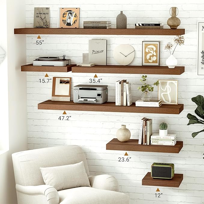 Vivelove Rustic Floating Shelves for Wall 12 Inch Deep, 23.6" X 12" X 1.5" Floating Shelf, 2 Inch Thick Shelf for Living Room Bathroom Bedroom Kitchen Office, Rustic Farmhouse Decor Set of 2, Walnut