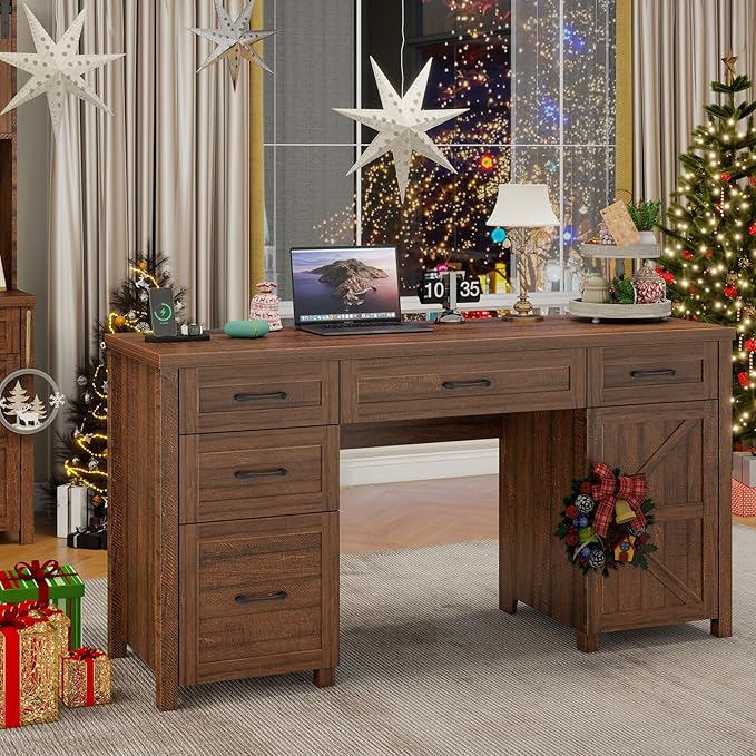 Farmhouse 61'' Executive Desk with 5 Drawers, Rustic Office Desk Computer Desk with Charging Station, File Drawers and Storage Cabinet, Wood Workstation for Study and Home Office, Red-Brown.