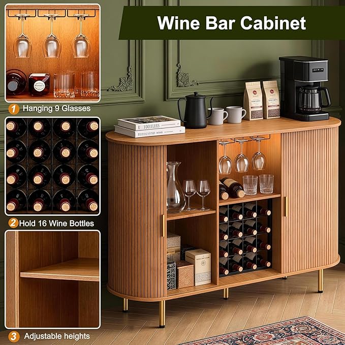 DHH 55" Wine Bar Cabinet with Storage, Fluted Liquor & Coffee Bar Cabinet with Wine Rack and Glass Holder, Buffet Sideboard with LED Lights for Home Kitchen Living Dining Room(Yellow Walnut)