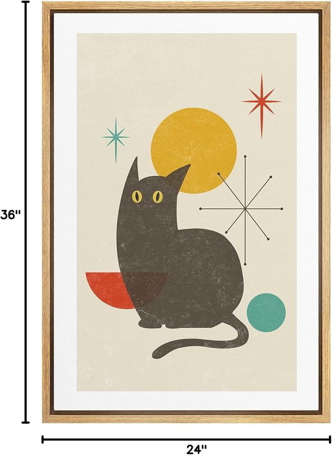 Woodrose Framed Canvas Print Wall Art Retro Vintage Geometric Black Cat Animals Shapes Illustrations Modern Minimalist Chic Relax/Calm Multicolor for Living Room, Bedroom, Office - 24"x36" Natural