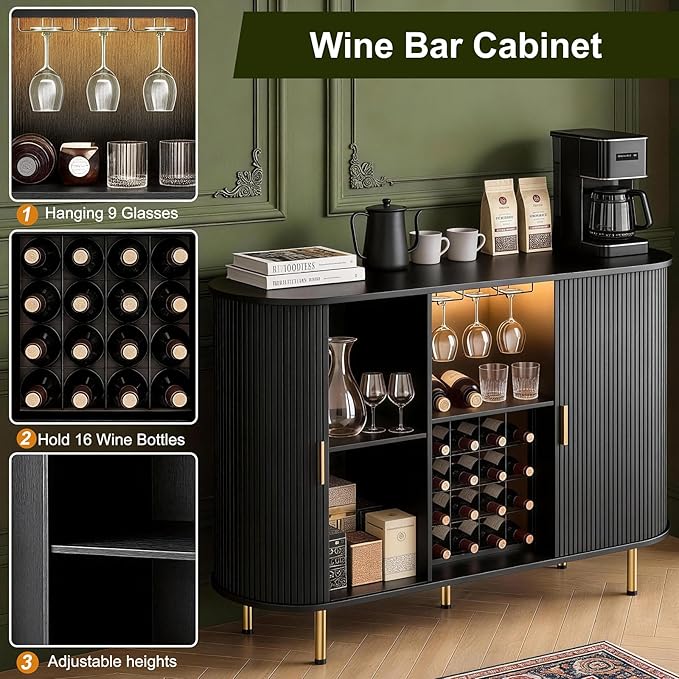 DHH 55" Wine Bar Cabinet with Storage, Fluted Liquor & Coffee Bar Cabinet with Wine Rack and Glass Holder, Buffet Sideboard with LED Lights for Home Kitchen Living Dining Room (Black)