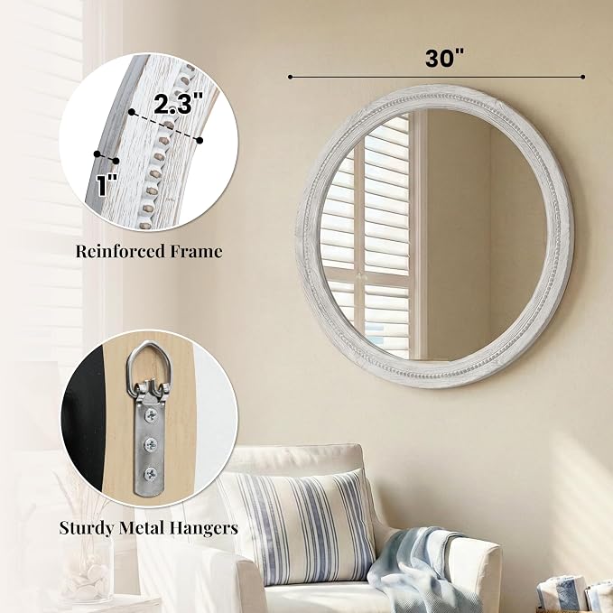 30" White Round Wood Mirror for Bathroom Vanity, Distressed Solid Wood Wall Mirror - French Country Beaded Circle Mirror for Coastal Bedroom & Nursery