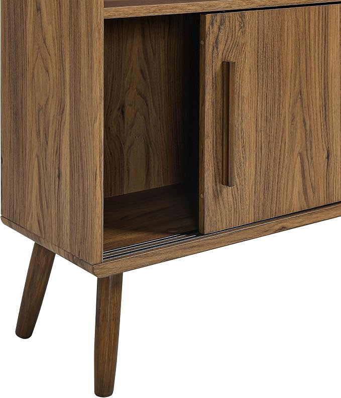 Modway Transmit 14 Shelf Bookcase with Sliding Doors in Walnut - 59 Inch Wood Mid-Century Modern Bookshelf - 4 Tier Wide Open Display Storage Cabinet for Living Room, Office, Hallway