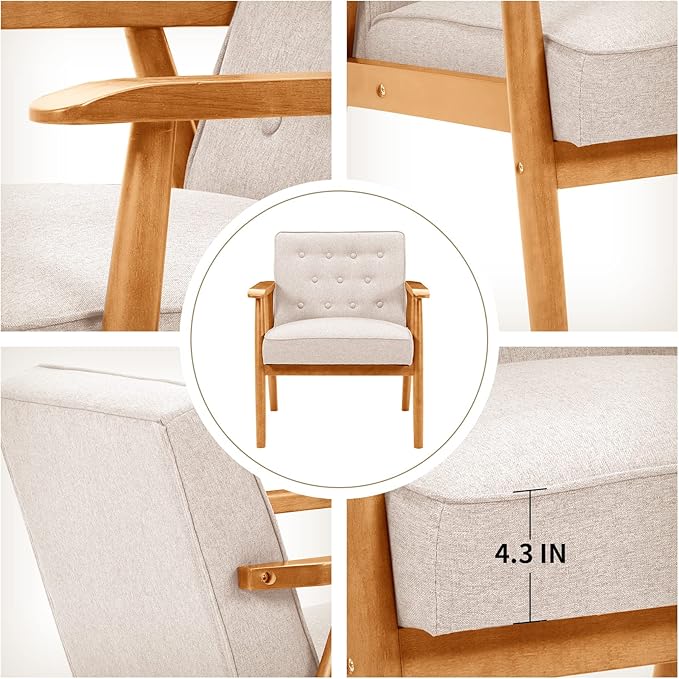 UNICOO® Mid-Century Retro Modern Accent Chairs, Solid Wood Armrest Lounge, Upholstered Mid Century Modern Chair, Walnut Finish with Innerspring Seat Cushion, Linen-Look Fabric(U205-Beige)
