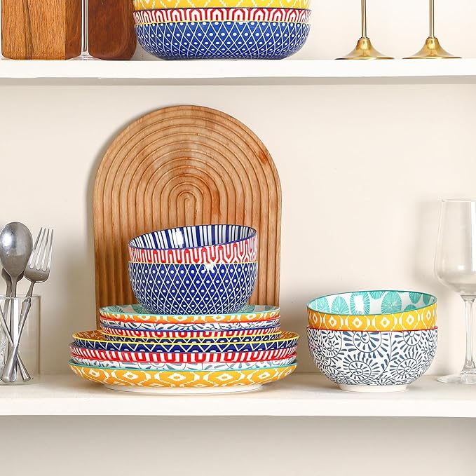 Selamica Ceramic Plates and Bowls Sets,12 Pieces Dinnerware Sets for 4,Scratch Resistant Dish Set,Dishwasher & Microwave Safe, Assorted Colors