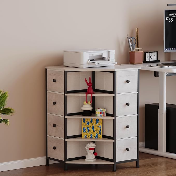 LUMTOK 8 Drawers Corner Dresser with Storage Fabric Drawers and Open Shelves for Small Space,Bedroom,Entryway,Living Room (Greige)