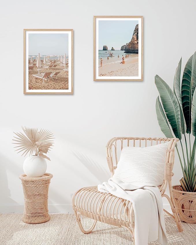 HesenDot Natural OAK Wood Framed Italy Beach Wall Art,12x16in Amalfi Coast Canvas Wall Print,Positano Seascape White Beach Chair Wall Decor for Living Room, Bedroom,Office Gallery Set of 1