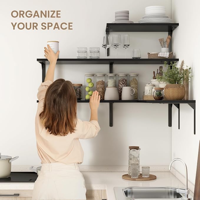 Fun Memories Floating Shelves for Wall, 12 Inch Deep Floating Shelves Set of 2, Wall Mounted Shelf with Metal Brackets, Rustic Wood Wide Shelf for Bathroom, Kitchen and Living Room, Black, 48W x 12D