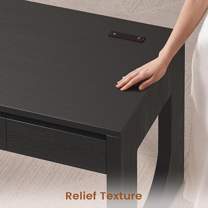 SEDETA 55" Executive Desk with 3 Drawers, Modern Office Desk with U-Shaped Legs, Wood Computer Desk with Power Outlet, Home Office Desks with Relief Texture, Black