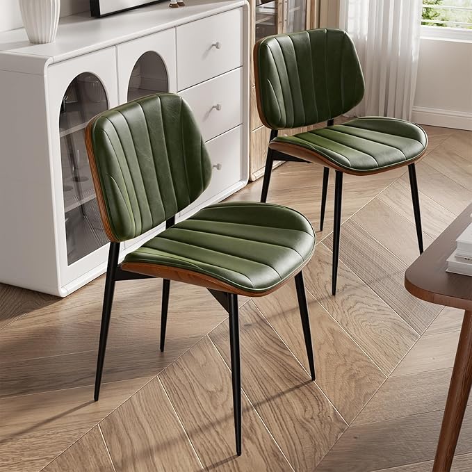 Dining Chairs Set of 2, Mid Century Modern Dining Room Chair, Upholstered Faux Leather Kitchen Chairs with Walnut Bentwood Back and Metal Legs for Kitchen Dining Living Room, Green