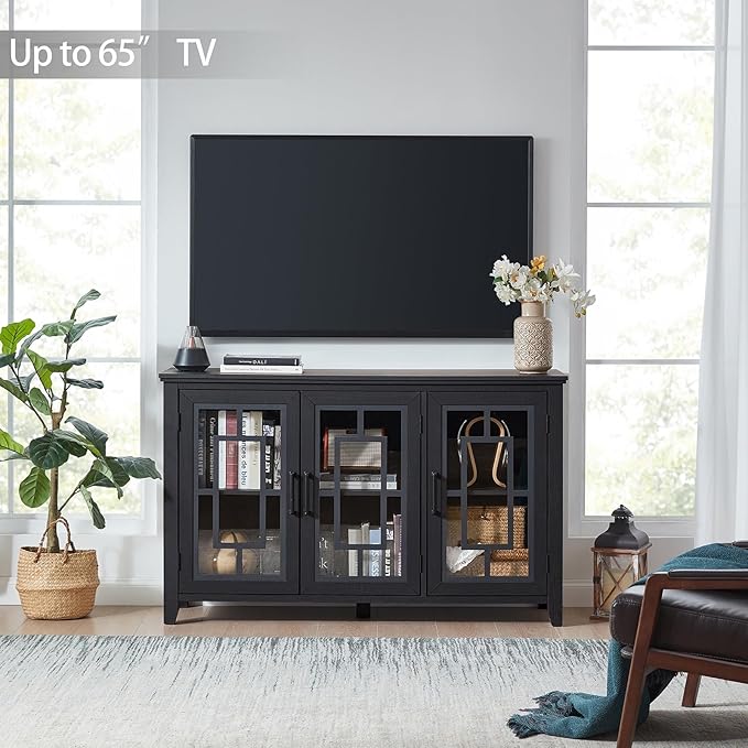 Large Sideboard Buffet Cabinet with Storage, 55" Farmhouse Black Kitchen Coffee Wine Bar Cabinet with 3 Glass Doors, Wood Mid Century Modern Side Board Table for Dining Room, Living Room