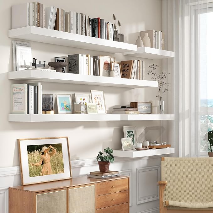 12 Inch Deep Floating Shelves | 55 Inch White Floating Shelves | 55" W x 12" D Rustic Wood Shelves for Wall | Deep White Shelves for Living Room Bathroom Laundry Room Kitchen