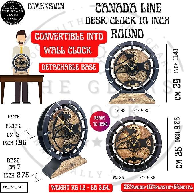 ImprovingLife The Gears Clock Desk Clock 10 inches with Real Moving Gears Convertible into Wall Clock (Vintage Brown)
