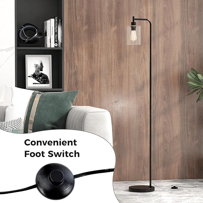 Tangkula Industrial Floor Lamp, Modern Standing Lamp with Hanging Glass Lampshade & Foot Switch, Tall Pole Light with E26 Standard Base for Living Room, Bedroom & Office (Black, 1-Light)