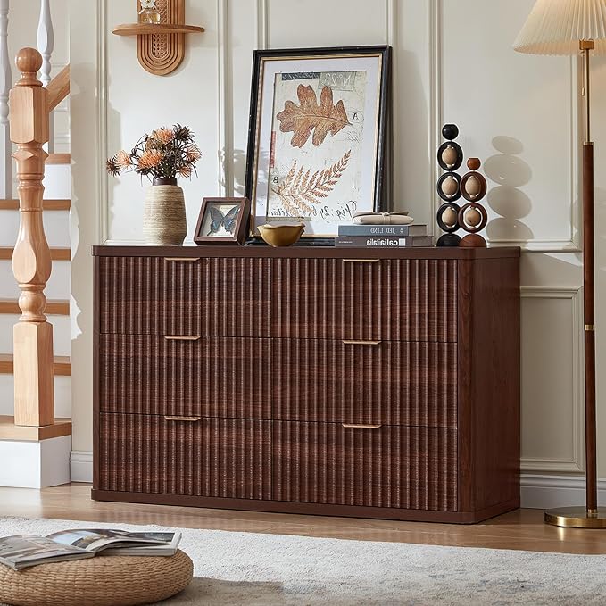 LEYAOYAO Fluted 6 Drawers Dresser for Bedroom, 48" Wide Modern Chest of Drawers with Metal Handle, Walnut Curved Profile Farmhouse Closet Organizer Wood Dressers TV Stand for Living Room, Hallway