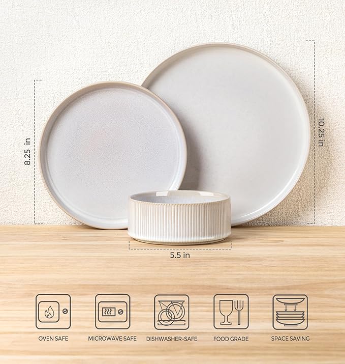 TheTerra Ceramic Dinnerware Sets for 8, 24 Pieces Porcelain Lightweight Plates and Bowls Sets, Scratch Resistant Dish Set, Oven & Microwave & Dishwasher Safe, Cappuccino White